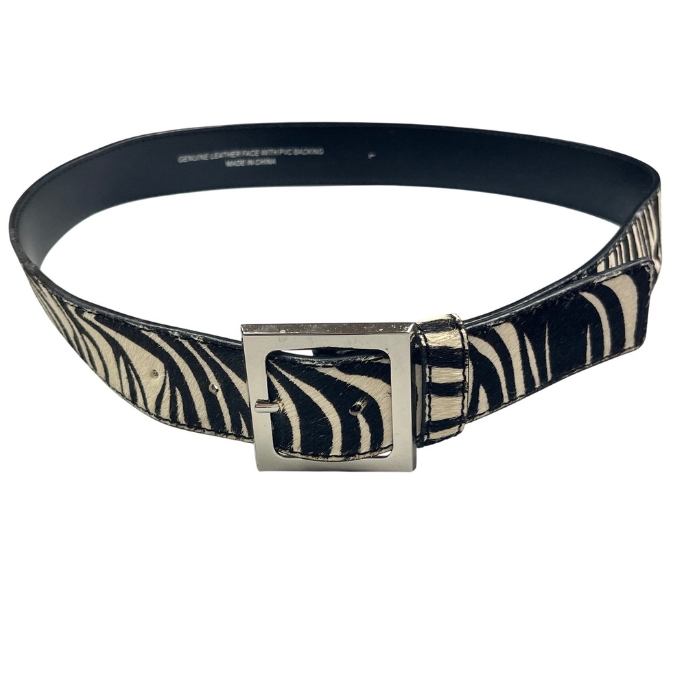 Zebra Print Calf Hair Leather Belt Silver Square Buckle Black White Large 40inch
